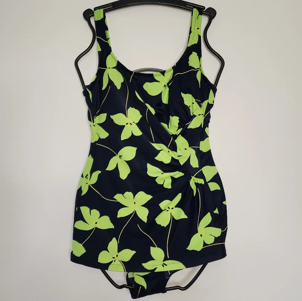 Floral plus size navy‎ lime 1 piece swimsuit 16